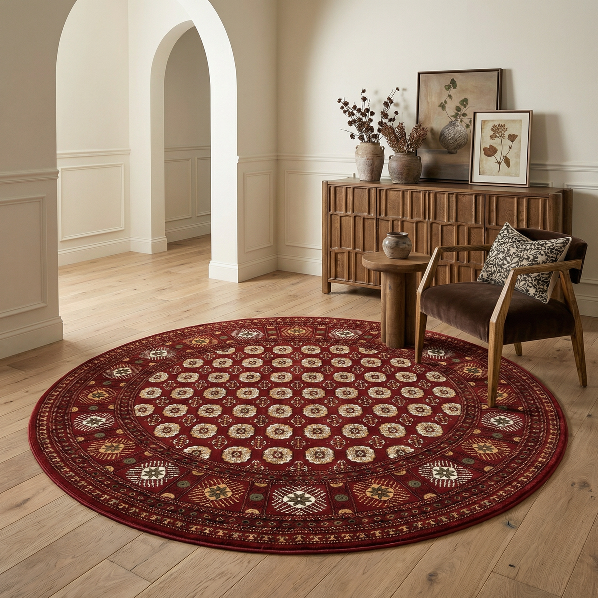 Rawda Oriental Bokhara Traditional Red and Beige Indoor Rug