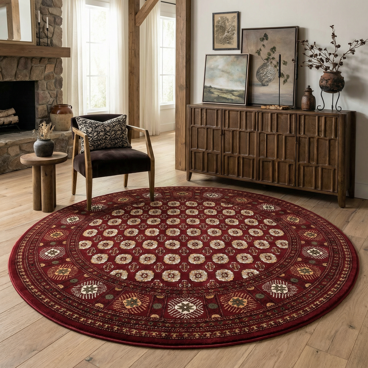 Rawda Oriental Bokhara Traditional Red and Beige Indoor Rug