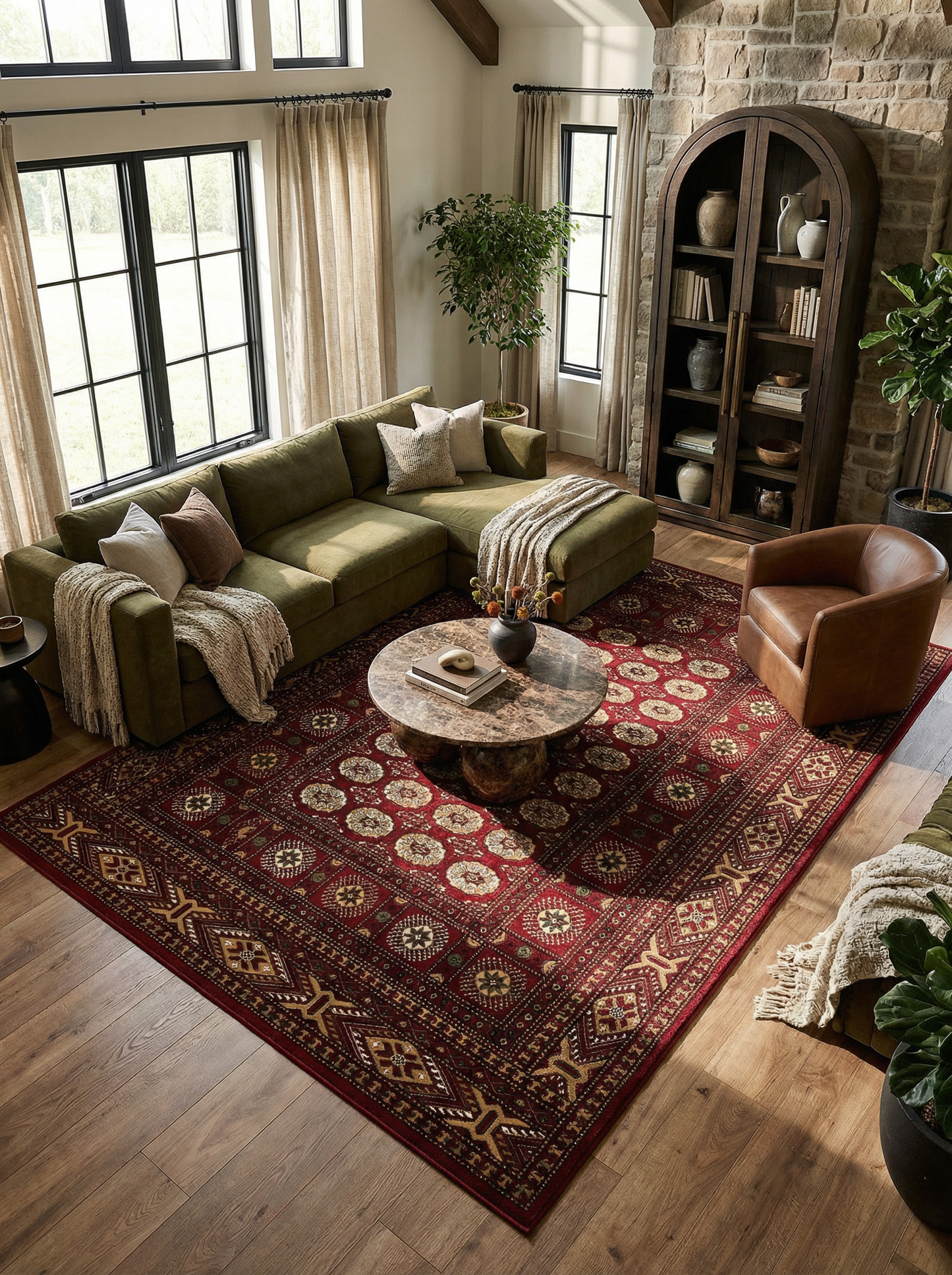 Rawda Oriental Bokhara Traditional Red and Beige Indoor Rug-7