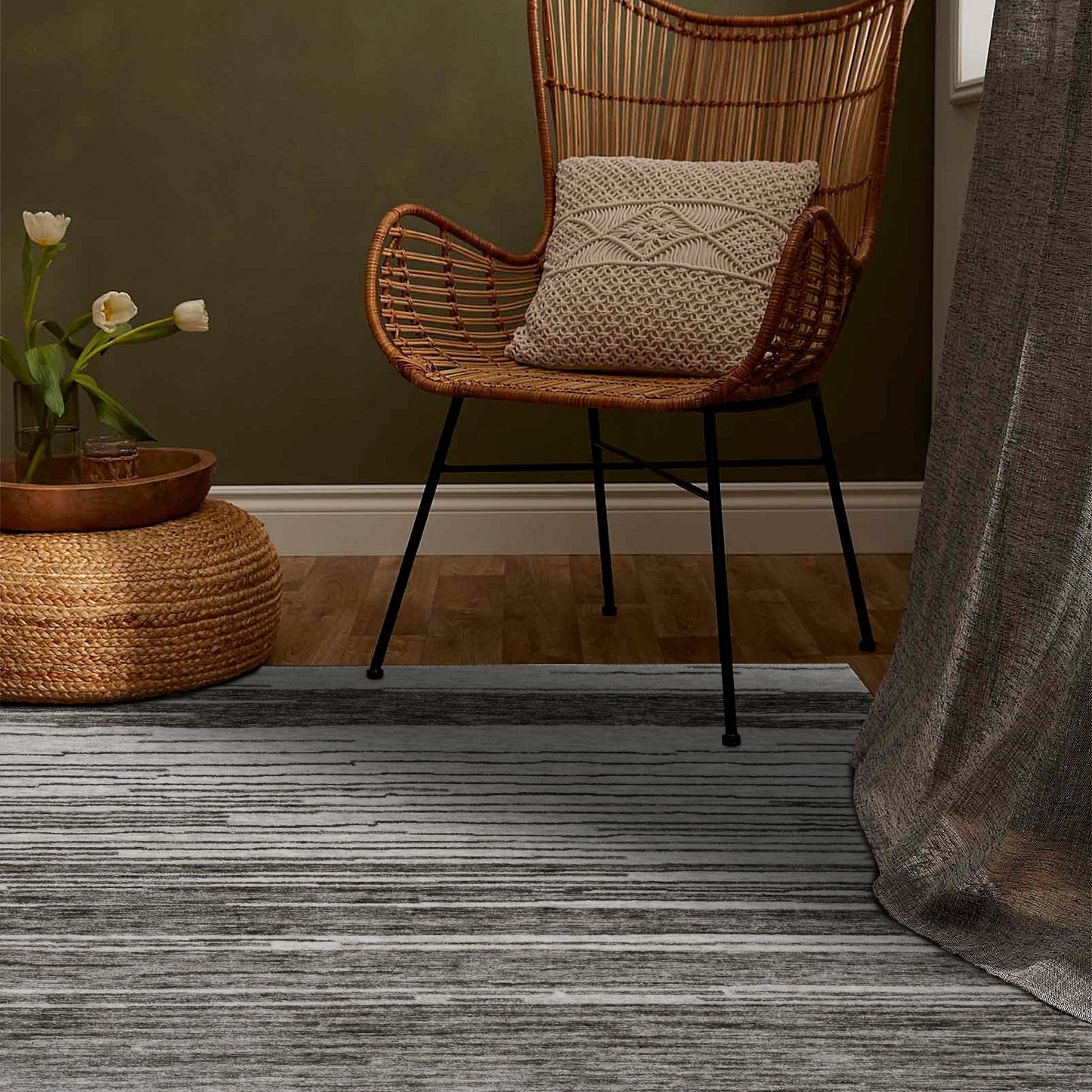 Esker Linear Abstract Contemporary Grey and Black Indoor Rug