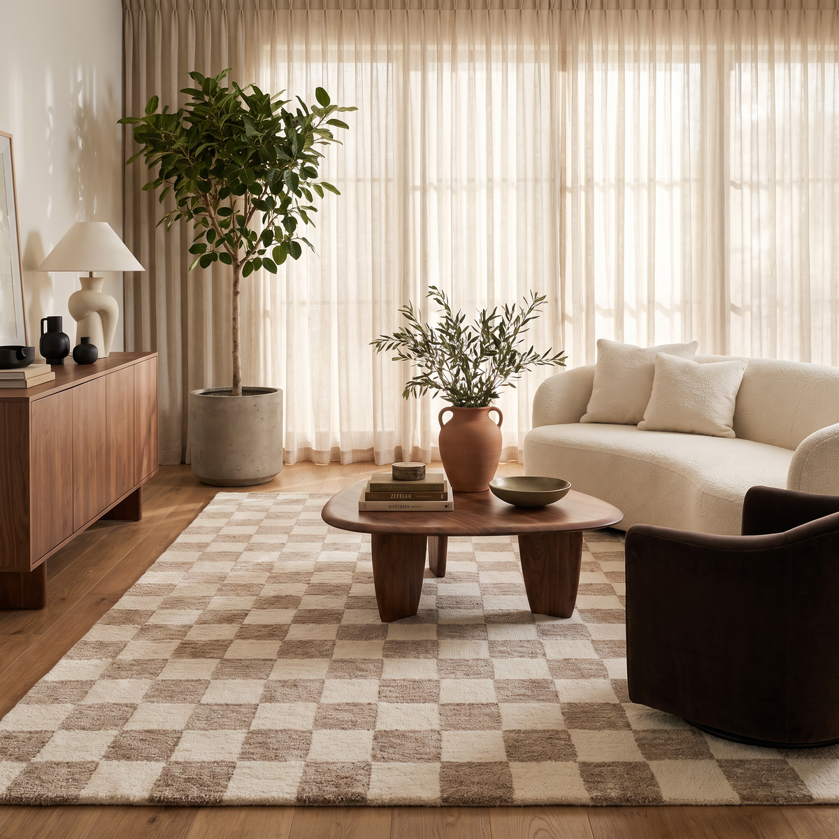 Tapis d'intérieur Zenith à carreaux contemporain beige et brun