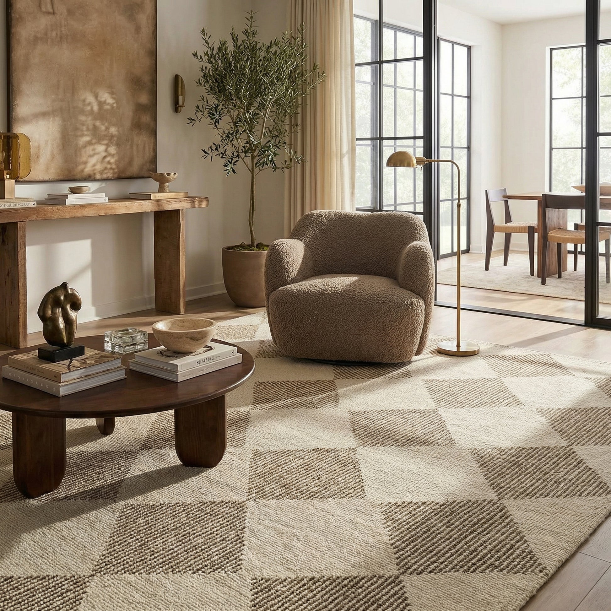 Sepia Checkered Contemporary Beige and Brown Indoor Rug-2