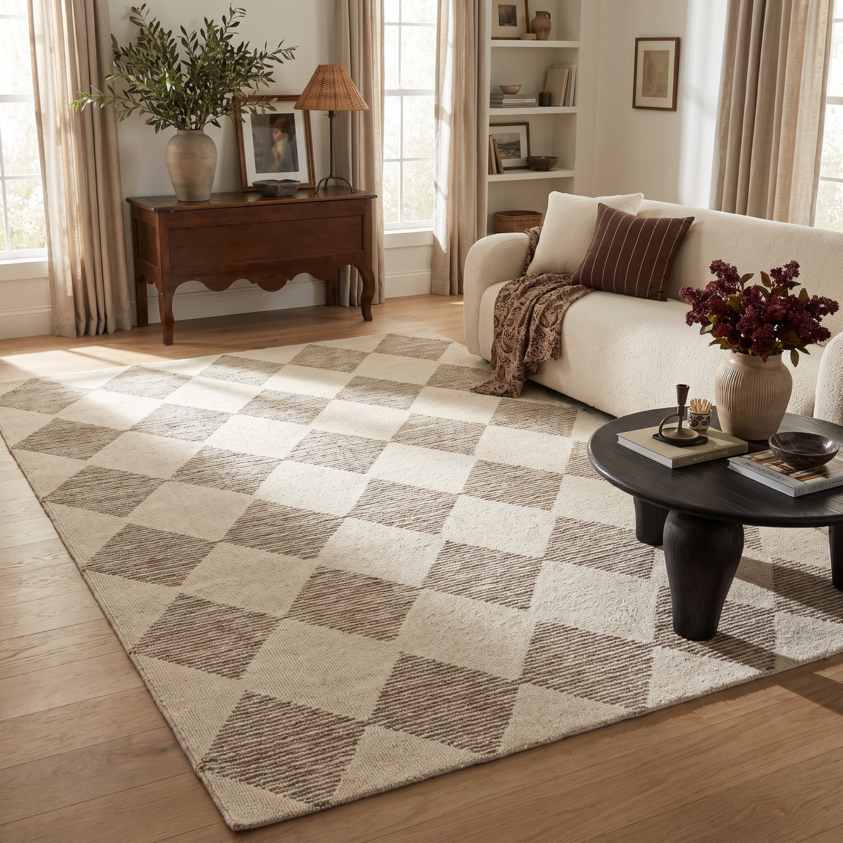 Sepia Checkered Contemporary Beige and Brown Indoor Rug