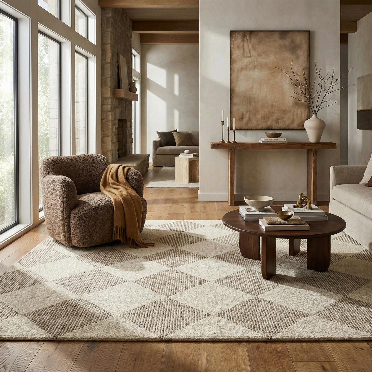 Sepia Checkered Contemporary Beige and Brown Indoor Rug