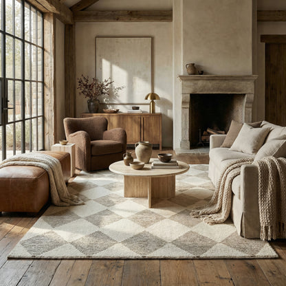 Sepia Checkered Contemporary Beige and Brown Indoor Rug-6