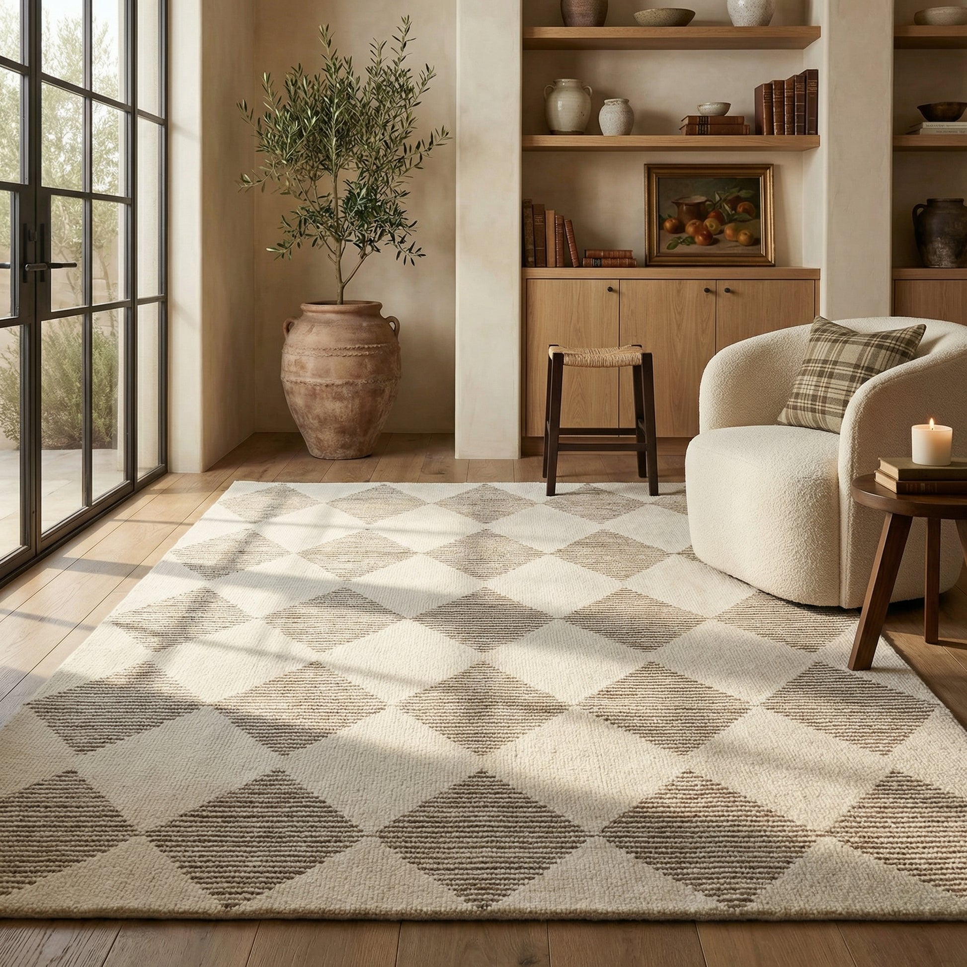 Sepia Checkered Contemporary Beige and Brown Indoor Rug-8