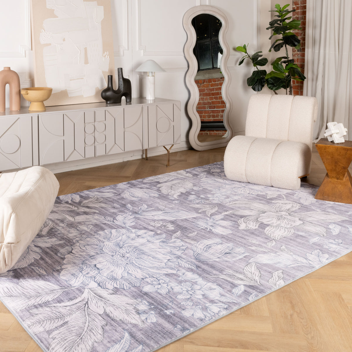 Tapis beige moderne floral Blossom