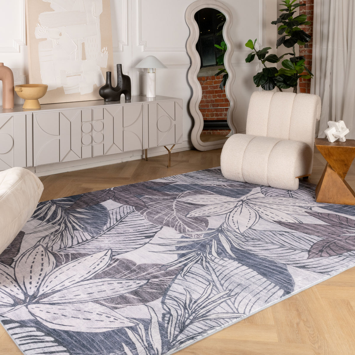 Tapis Natura botanique à feuilles contemporain marron et gris