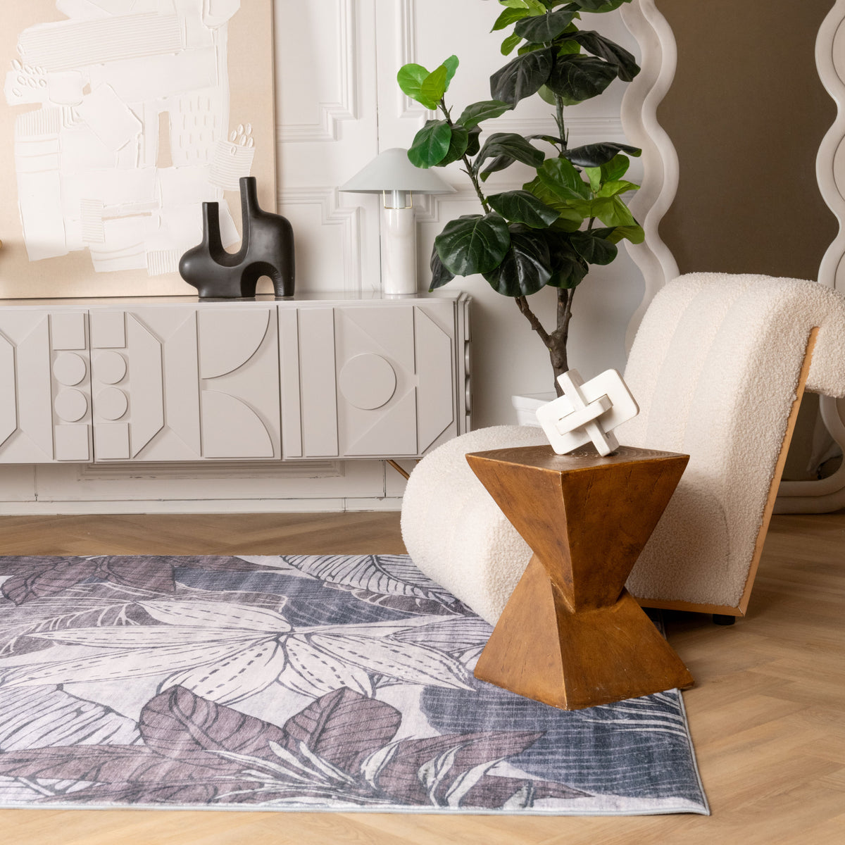 Natura Botanical Leaf Comtemporary Brown and Grey Indoor Rug