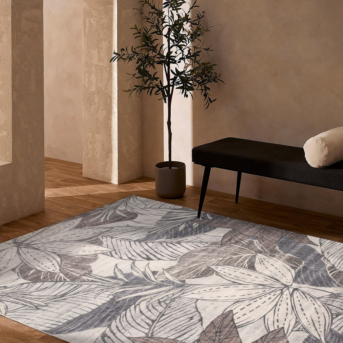 Natura Botanical Leaf Comtemporary Brown and Grey Indoor Rug