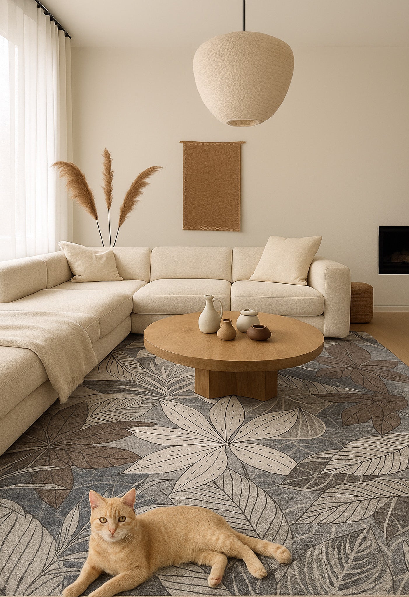 Natura Botanical Leaf Comtemporary Brown and Grey Indoor Rug
