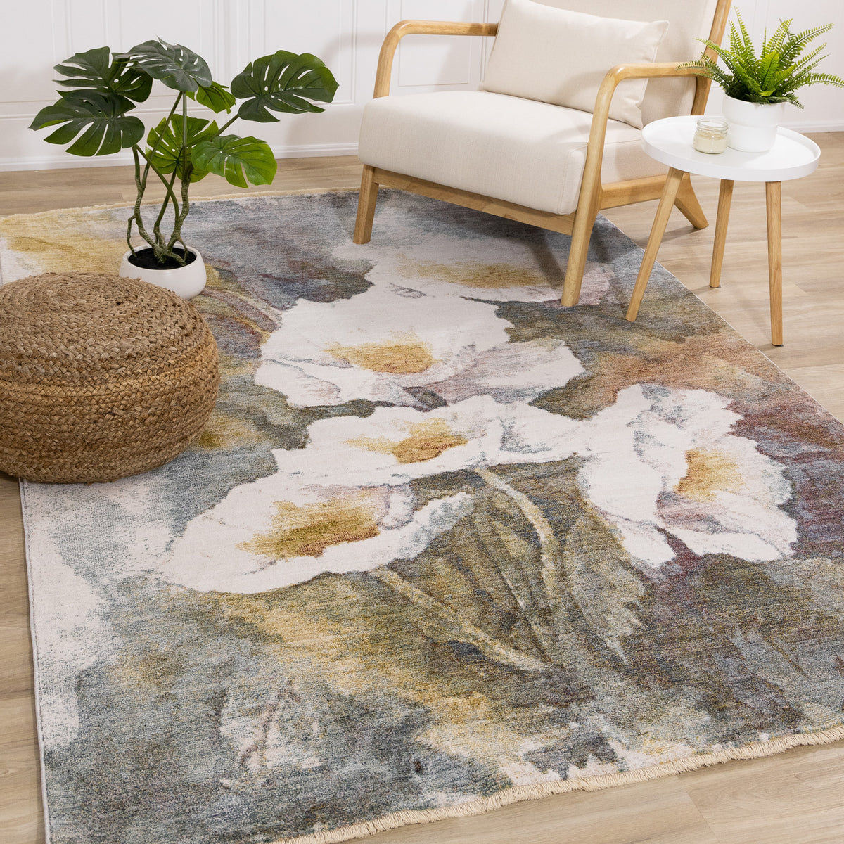 Tapis contemporain botanique bio crème