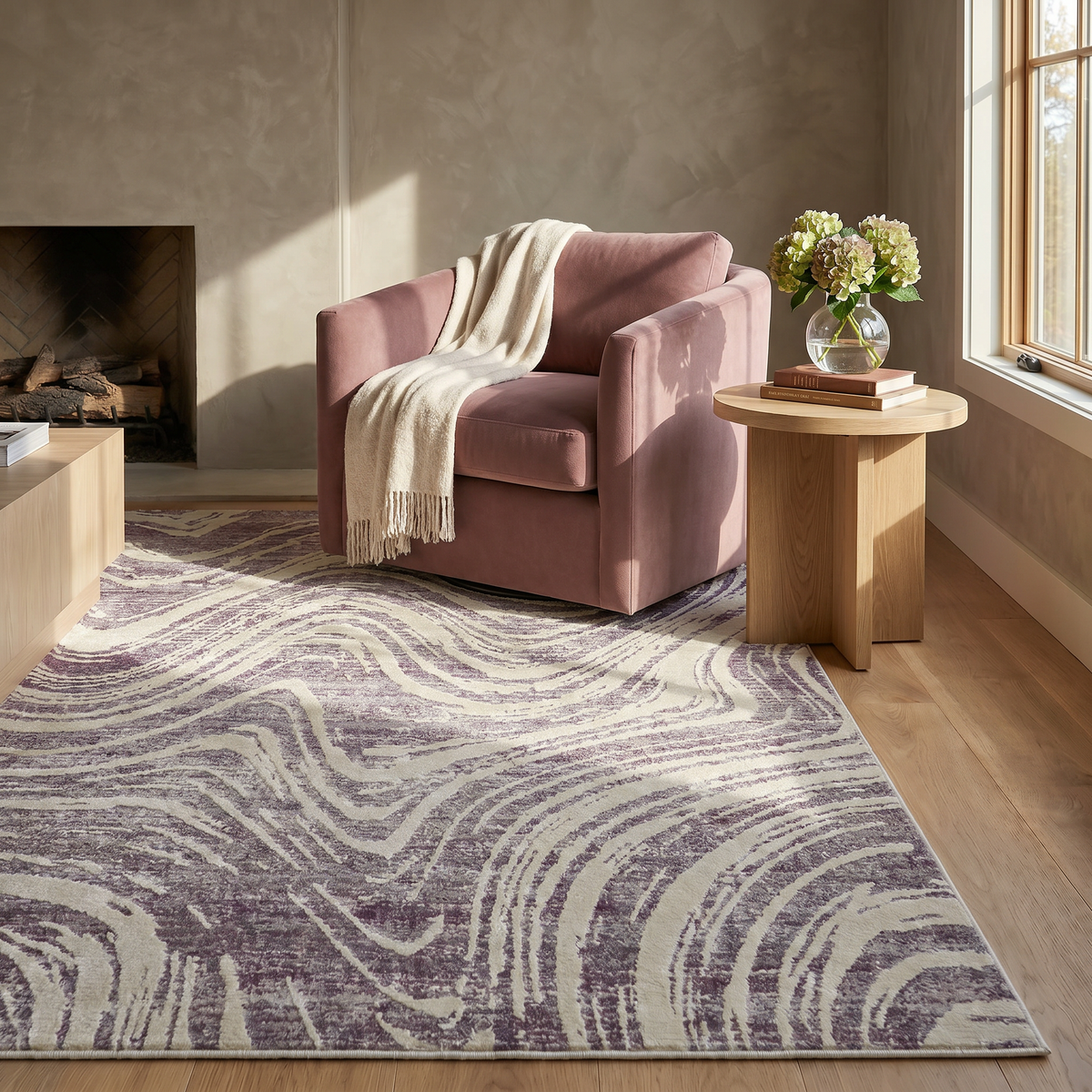 Alfombra de interior moderna abstracta Kaze de color morado y beige