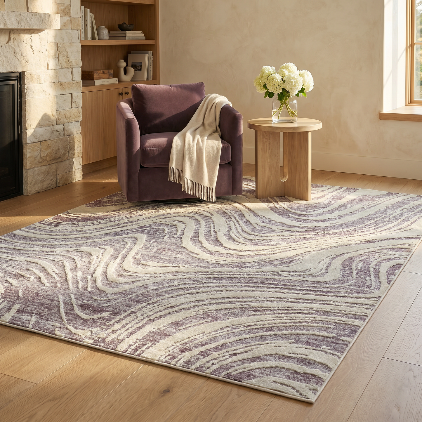 Kaze Abstract Modern Purple and Beige Indoor Rug