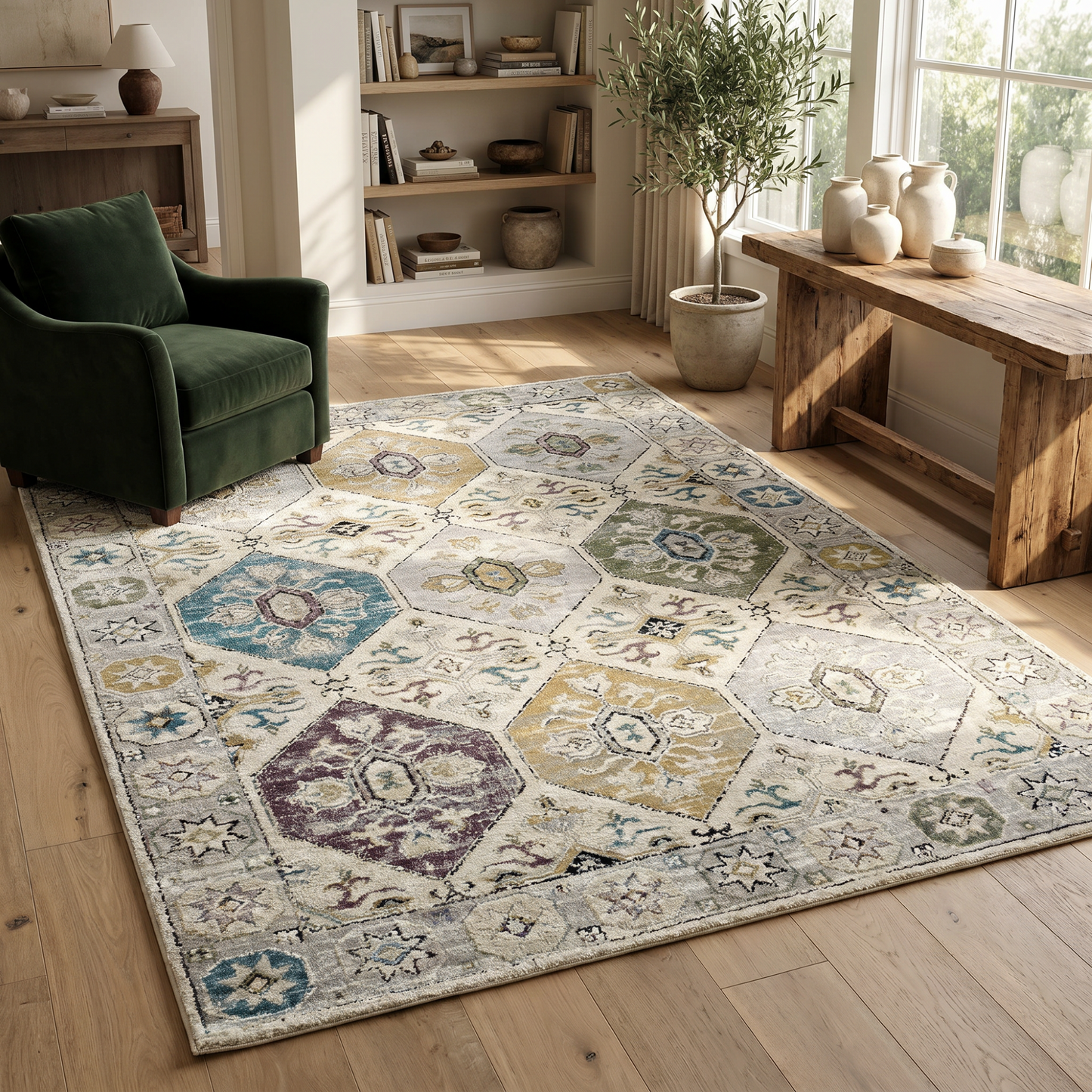 Jinan Tile Medallion Traditional Beige and Grey Indoor Rug