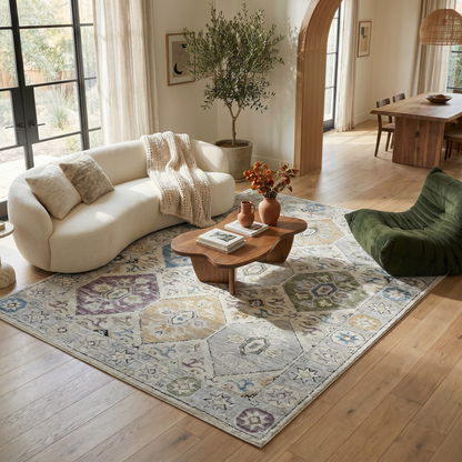 Jinan Tile Medallion Traditional Beige and Grey Indoor Rug