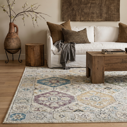 Jinan Tile Medallion Traditional Beige and Grey Indoor Rug