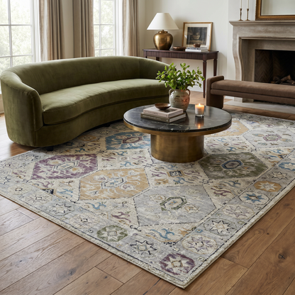 Jinan Tile Medallion Traditional Beige and Grey Indoor Rug