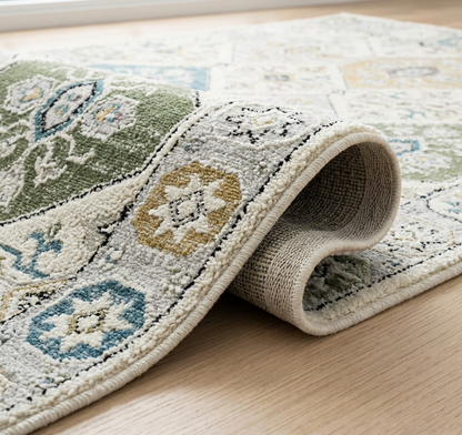 Jinan Tile Medallion Traditional Beige and Grey Indoor Rug