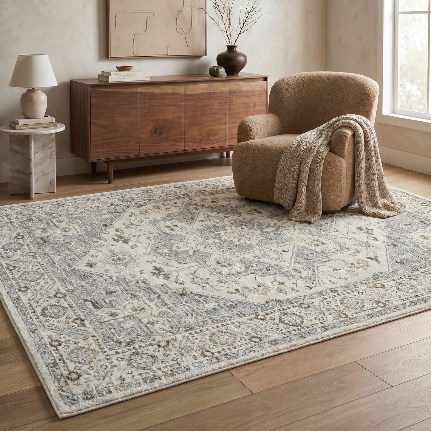 Alfombra persa oriental gris nómada