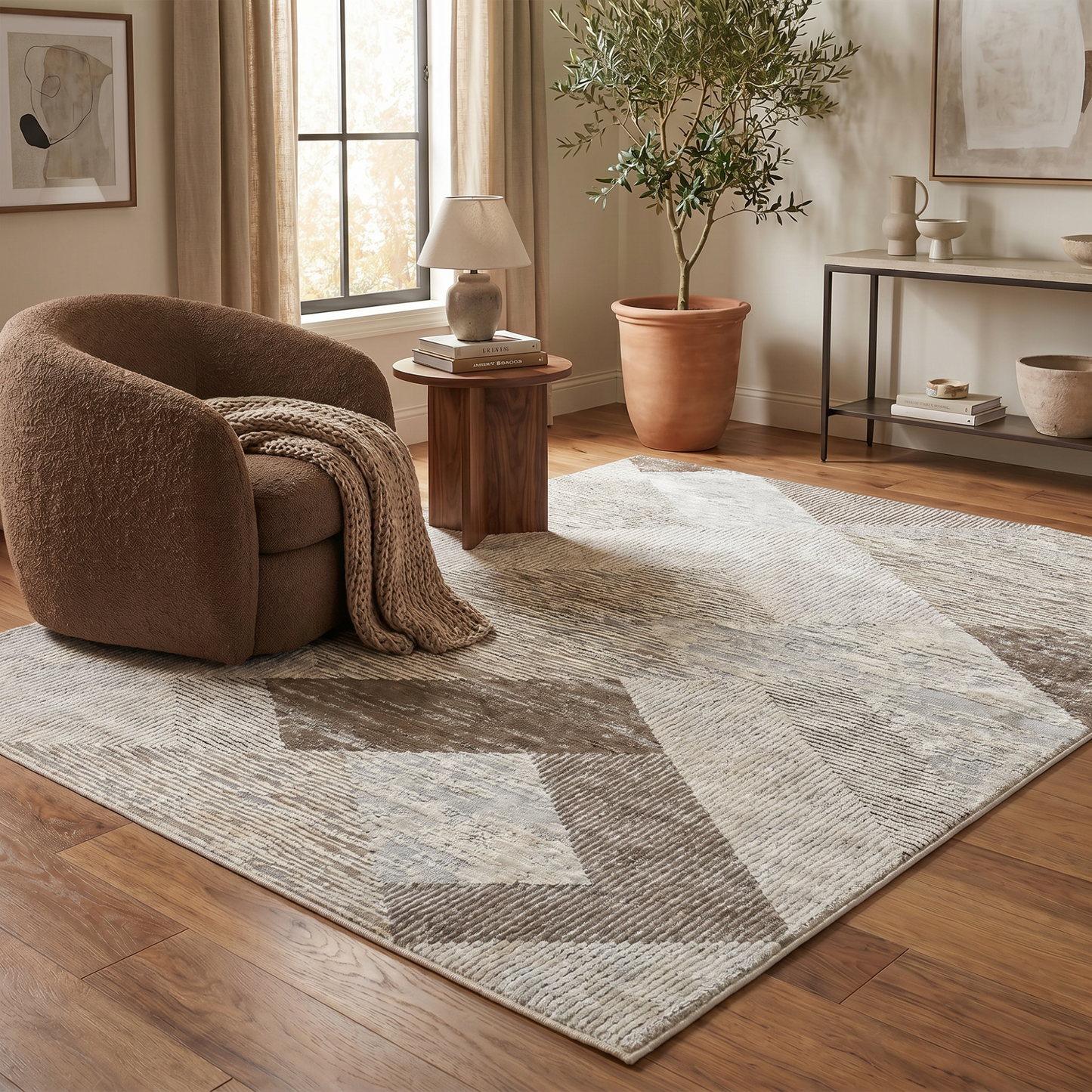 Lira Geometric Contemporary Beige and Brown Indoor Rug
