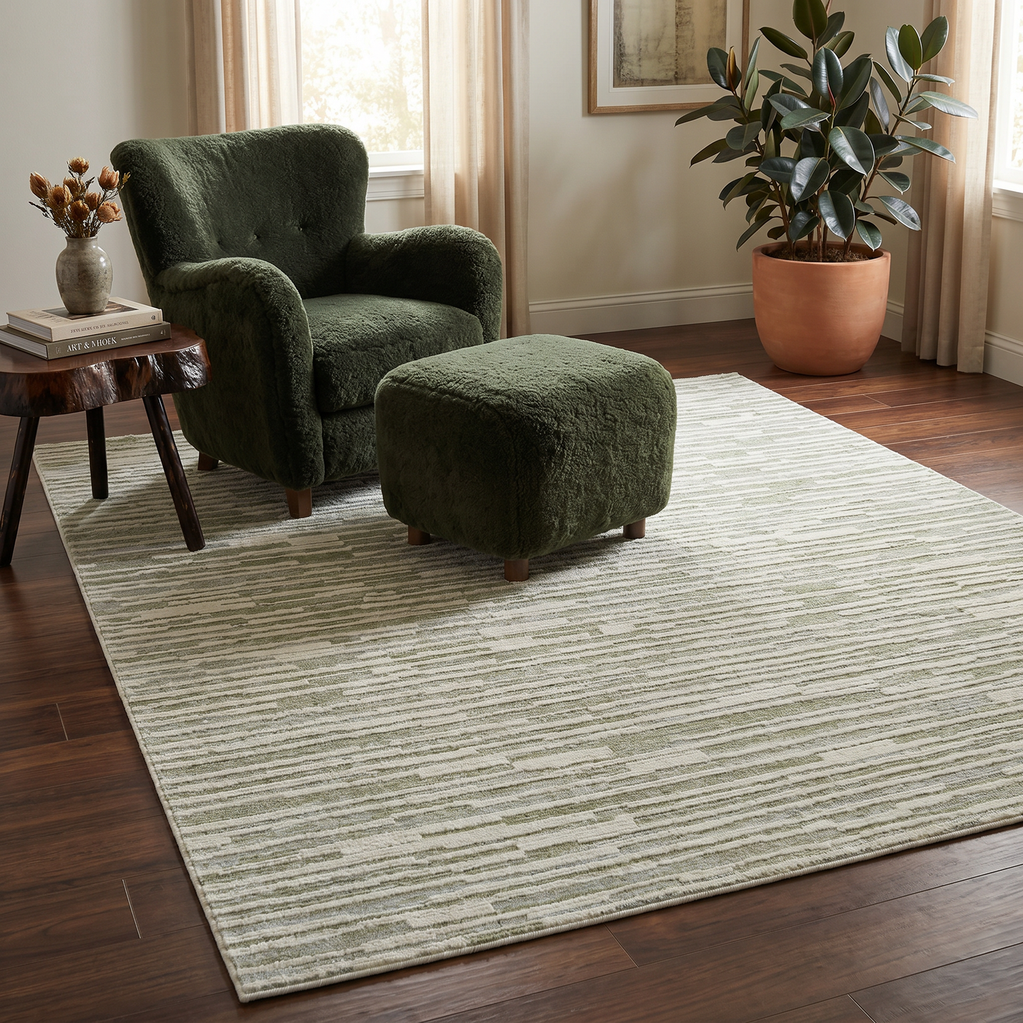 Riva Abstract Contemporary Green and Beige Indoor Rug