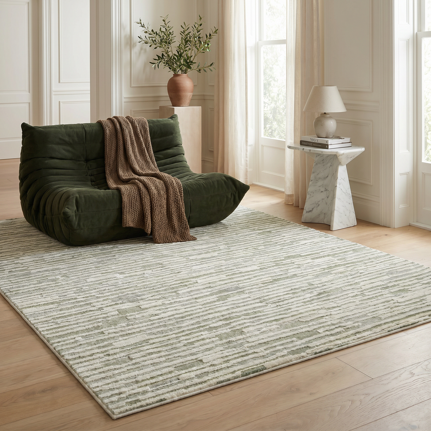 Riva Abstract Contemporary Green and Beige Indoor Rug