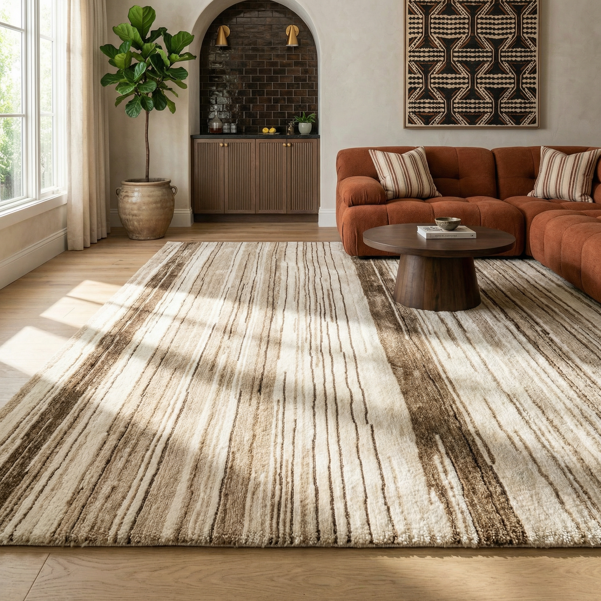 Esker Linear Abstract Contemporary Beige and Brown Indoor Rug-7