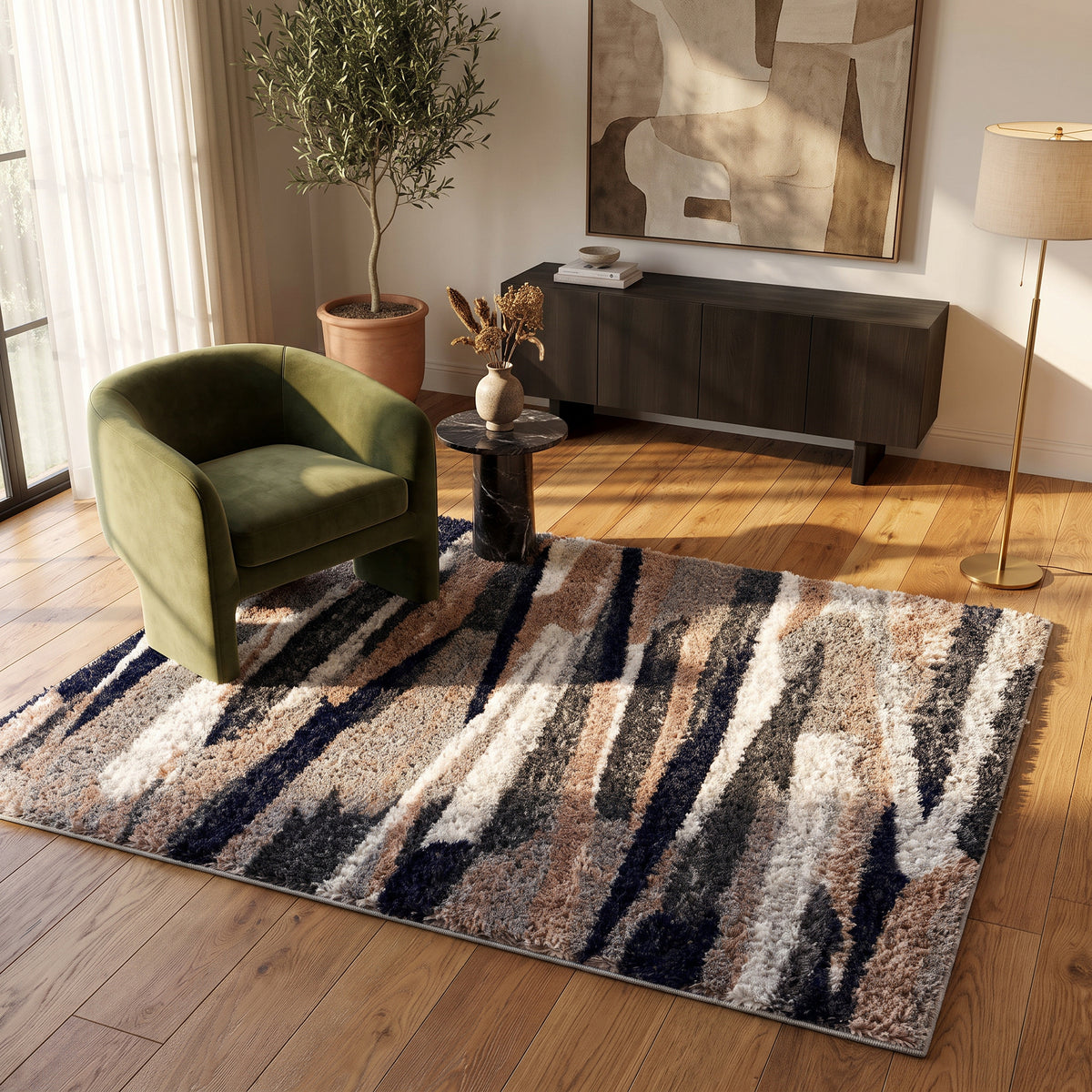 Tapis Cinder abstrait contemporain beige et gris