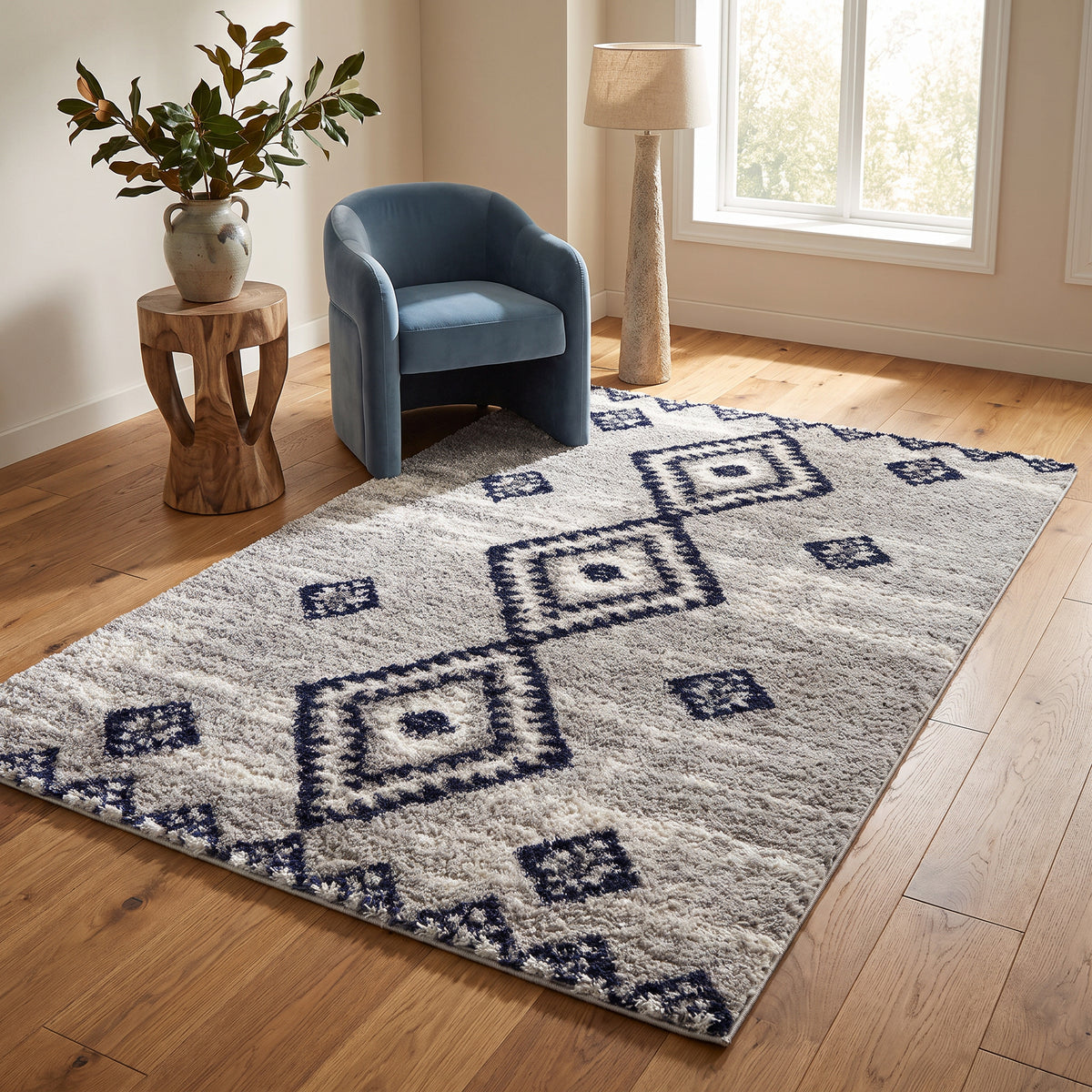 Alfombra Azel marroquí contemporánea gris y azul para interiores