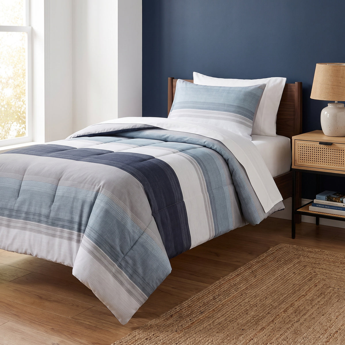 Wrenna Cotton Grey and Blue Twin Comforter Set