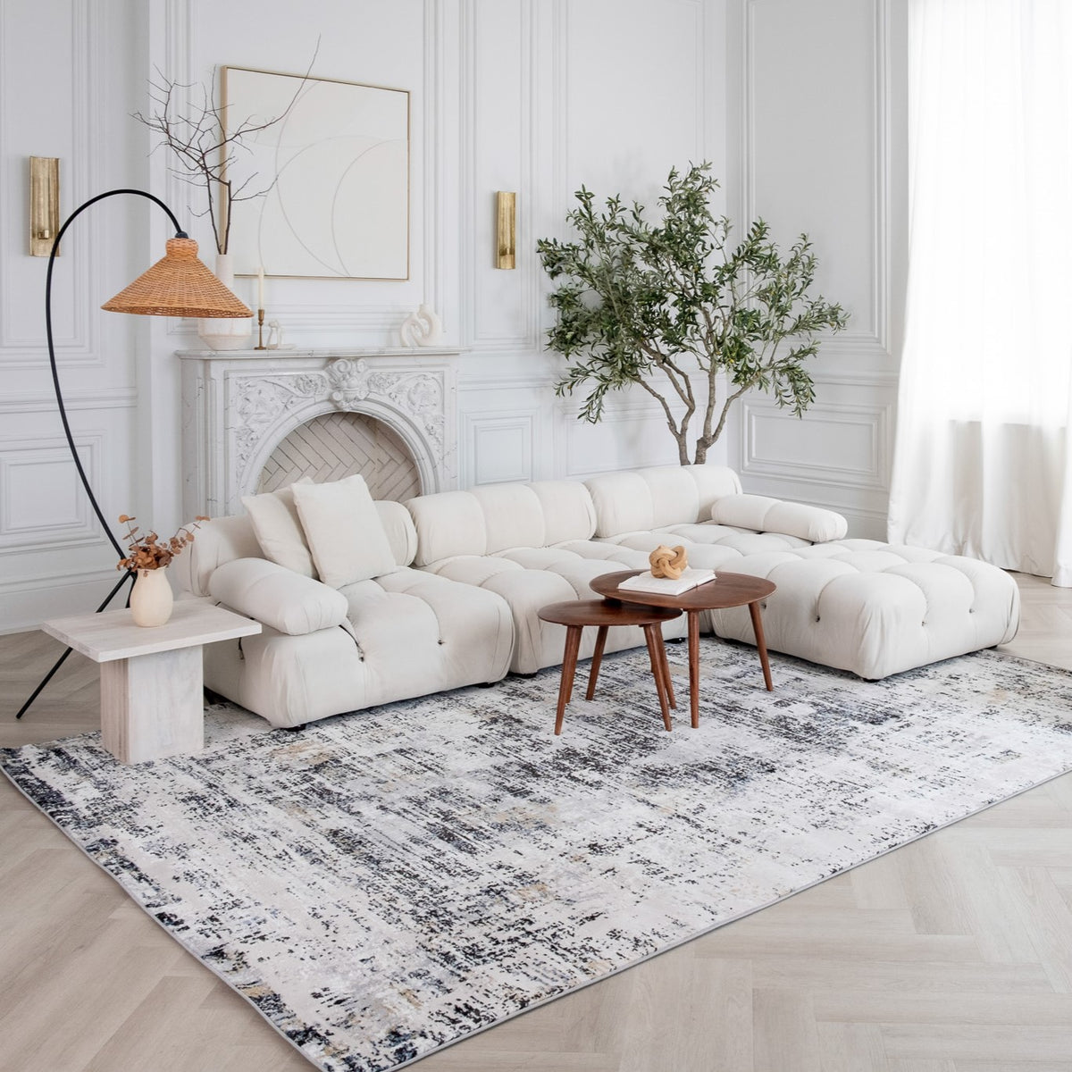 Ashlar Abstract Contemporary White and Beige Indoor Rug