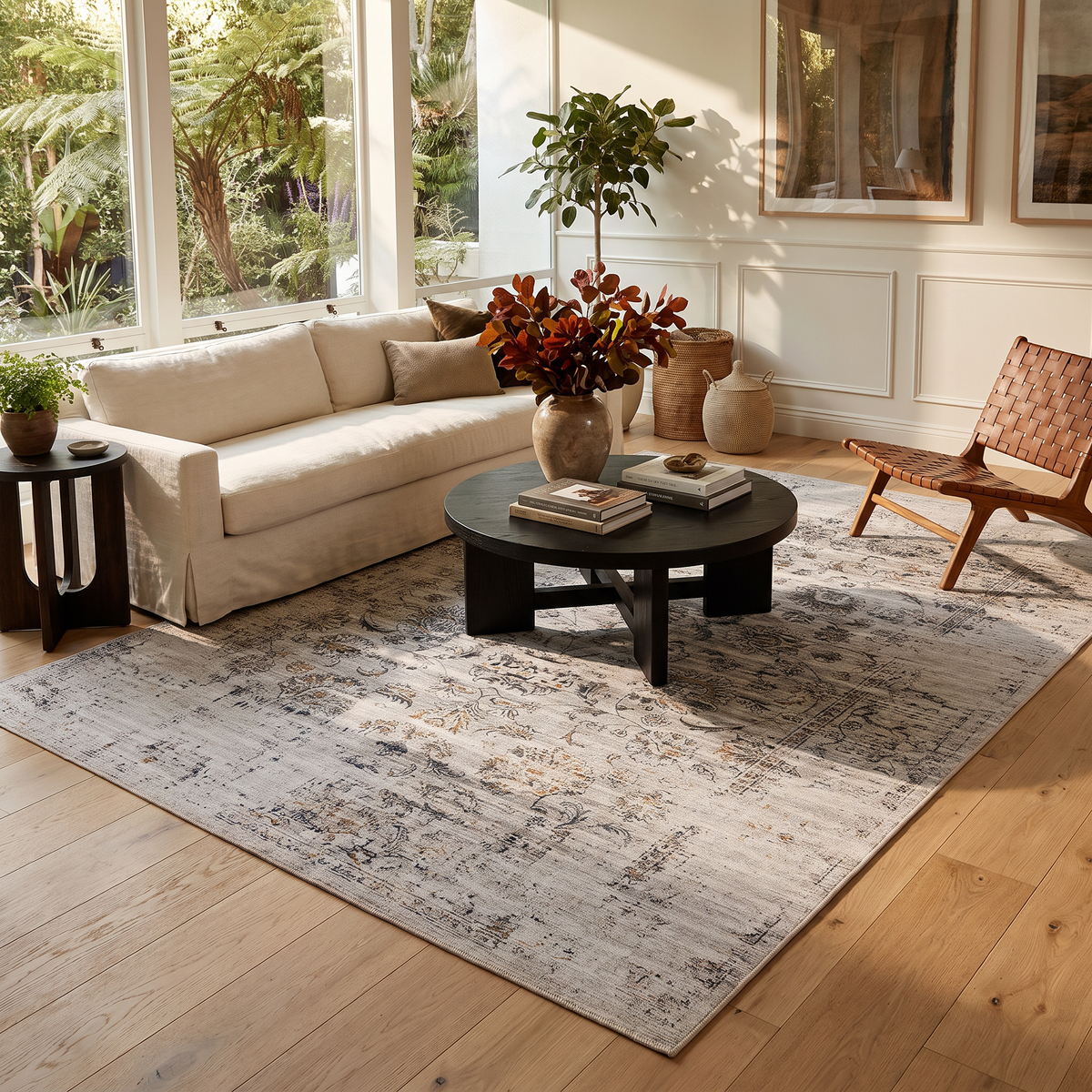 Aria Vintage Floral Transitional Grey and Beige Indoor Rug