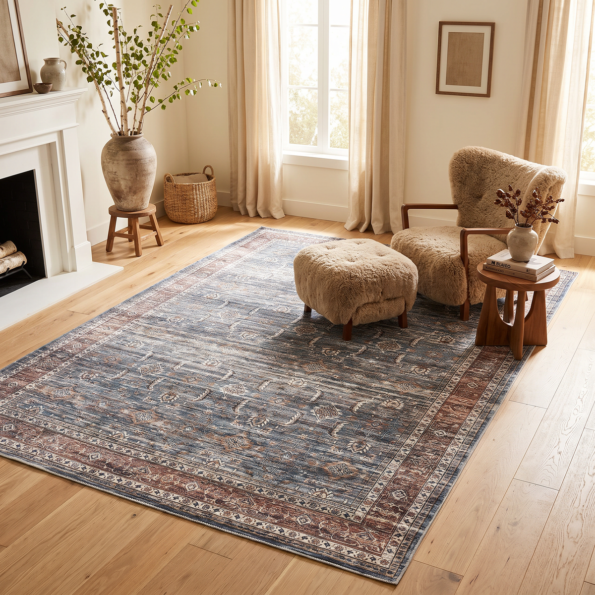 Basima Persian Floral Traditional Blue and Brown Indoor Rug