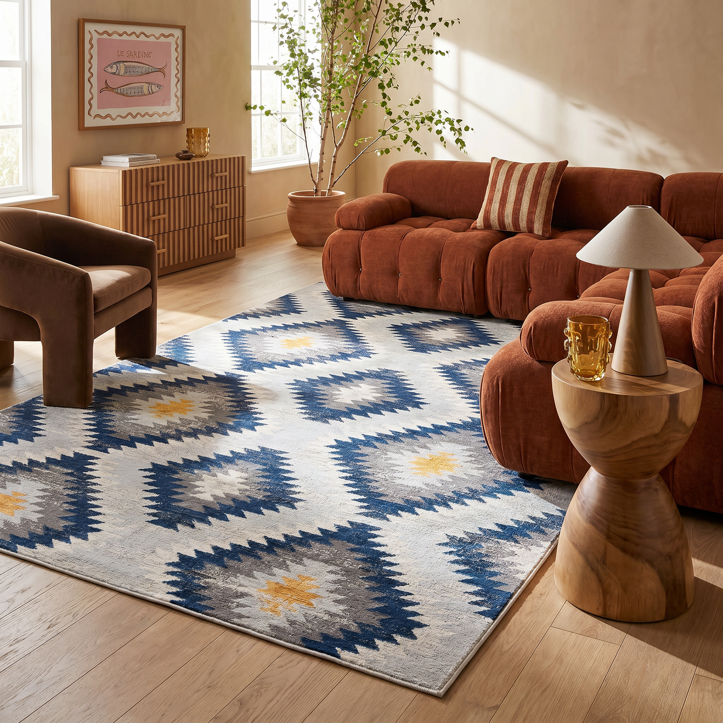 Alfombra azul contemporánea Savannah Boho