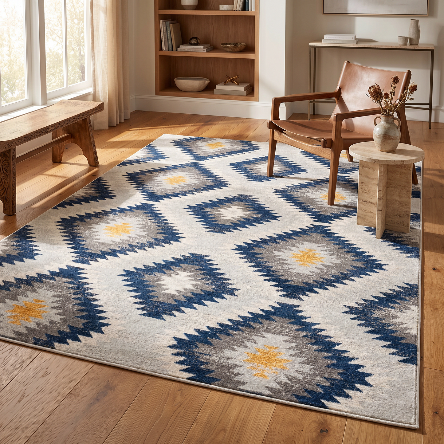 Alfombra azul contemporánea Savannah Boho