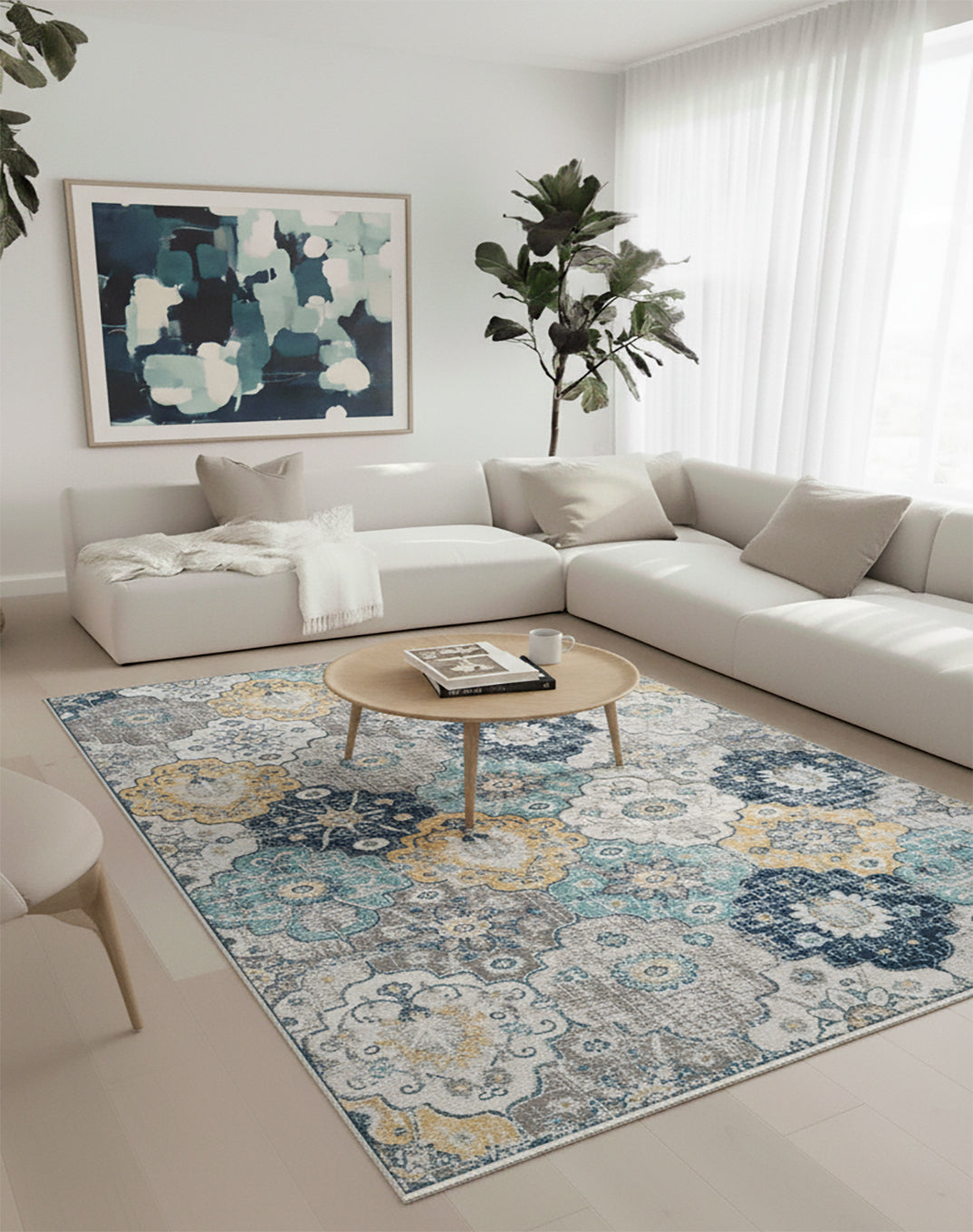 Valencia Vintage Floral Contemporary Blue and Grey Indoor Rug