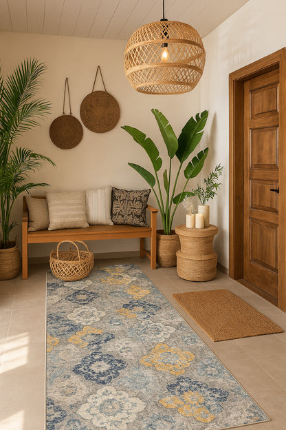 Valencia Vintage Floral Contemporary Blue and Grey Indoor Rug