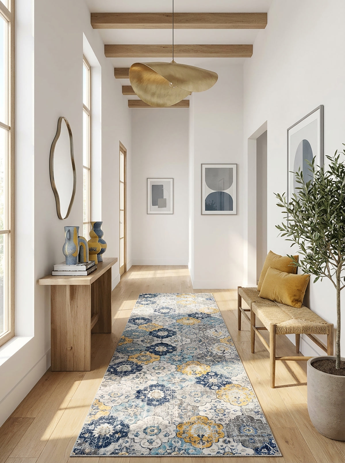 Valencia Vintage Floral Contemporary Blue and Grey Indoor Rug