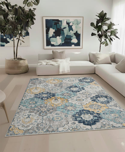 Valencia Vintage Floral Contemporary Blue and Grey Indoor Rug