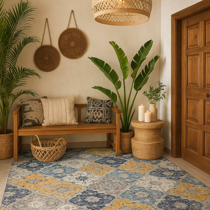 Valencia Vintage Floral Contemporary Blue and Grey Indoor Rug