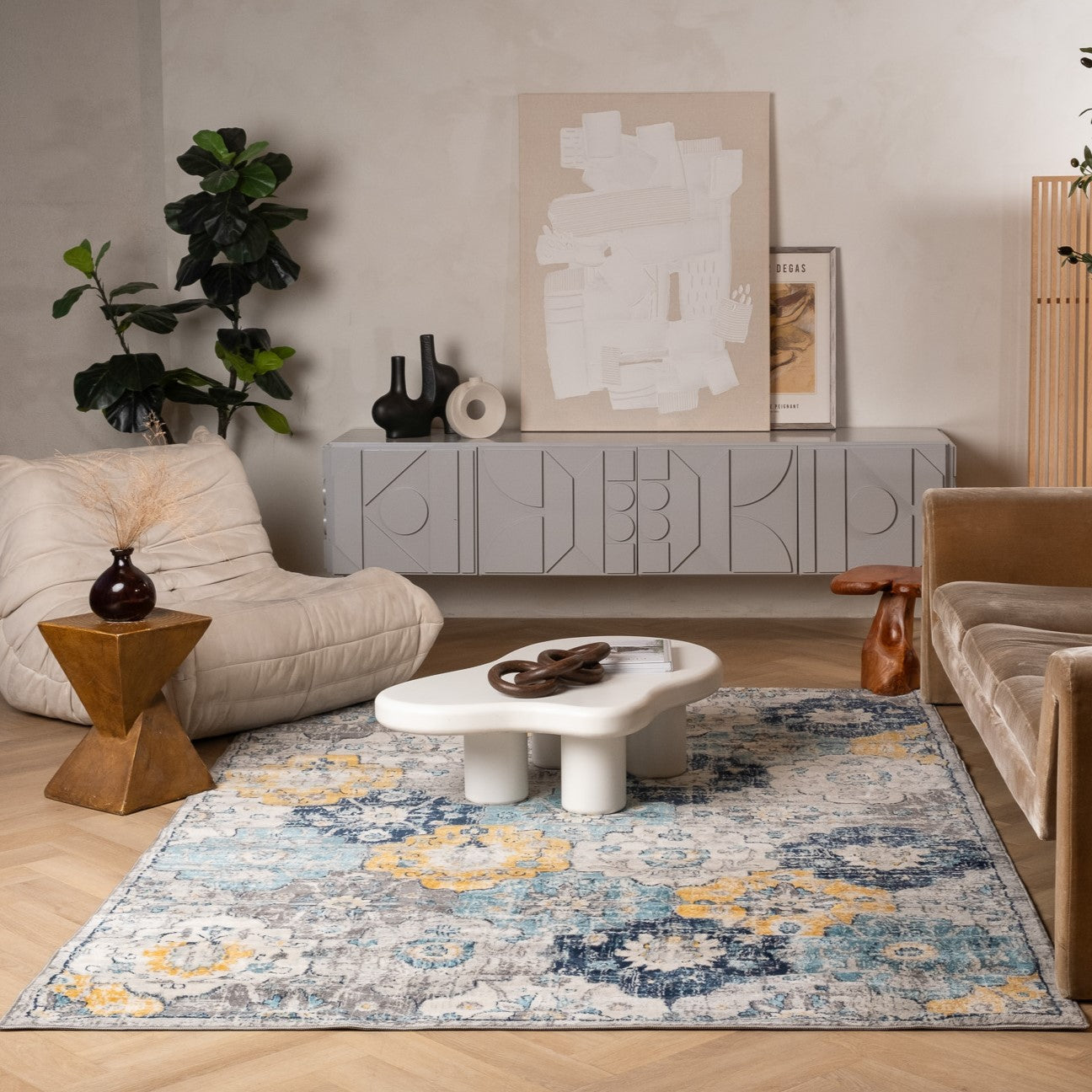 Valencia Vintage Floral Contemporary Blue and Grey Indoor Rug