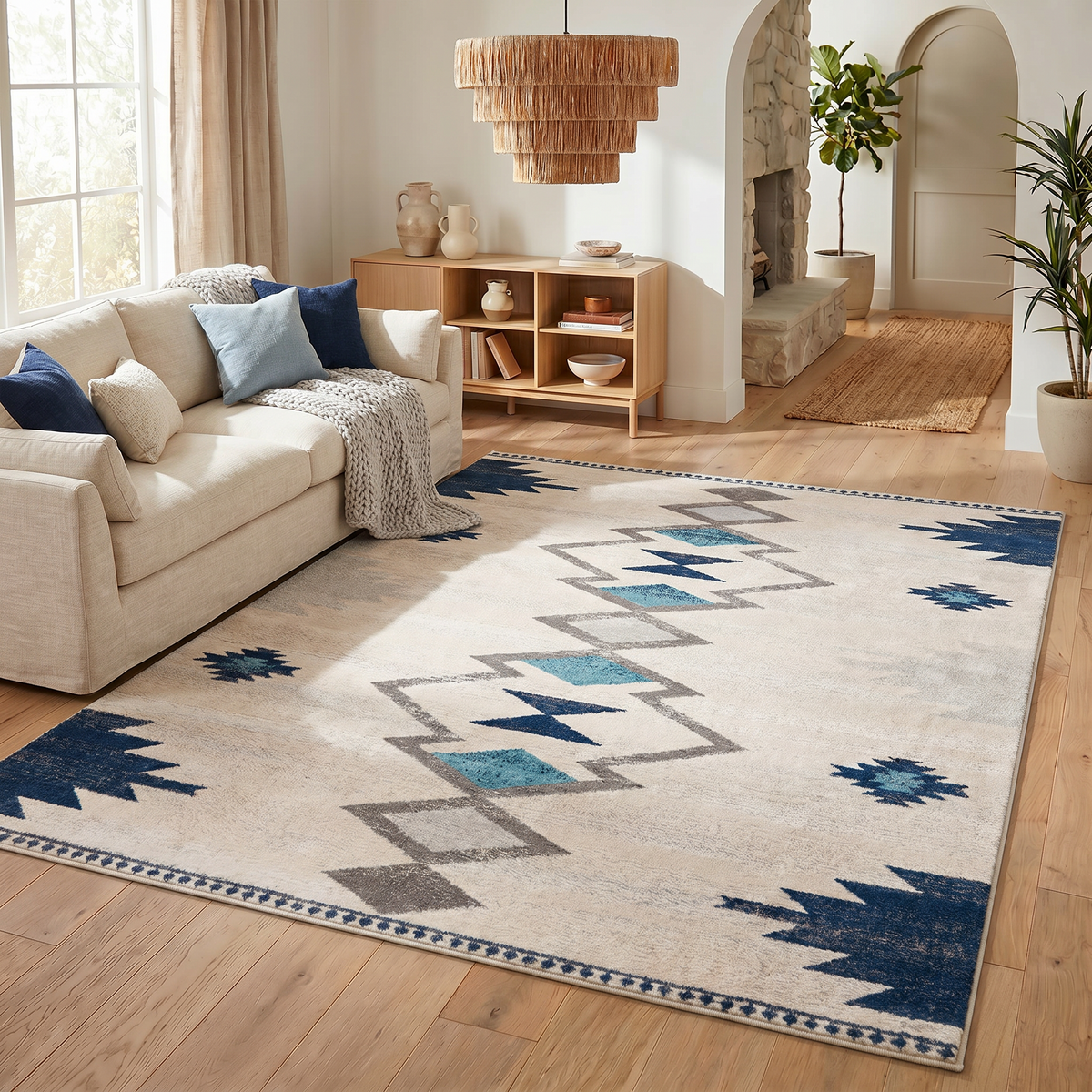 Mesa Southwestern Contemporary Blue and Beige Indoor Rug