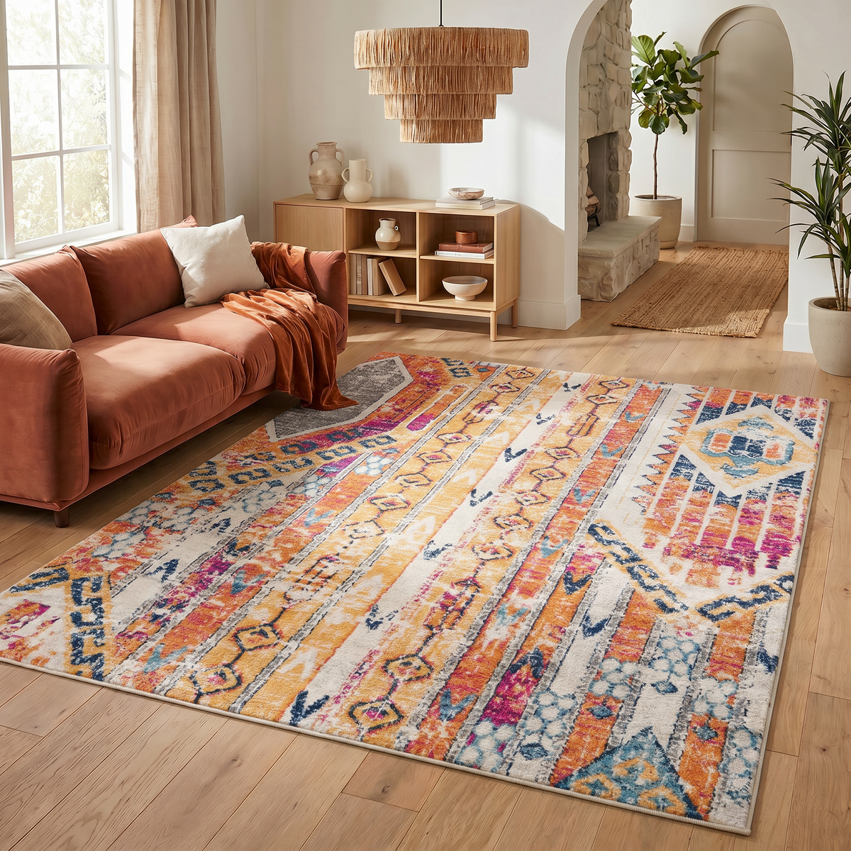 Alfombra de interior Zaria Boho contemporánea amarilla y beige