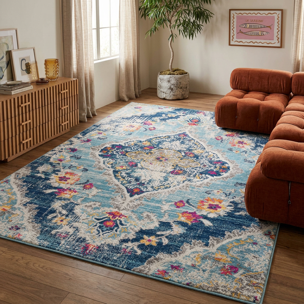 Tapis Anara floral traditionnel bleu