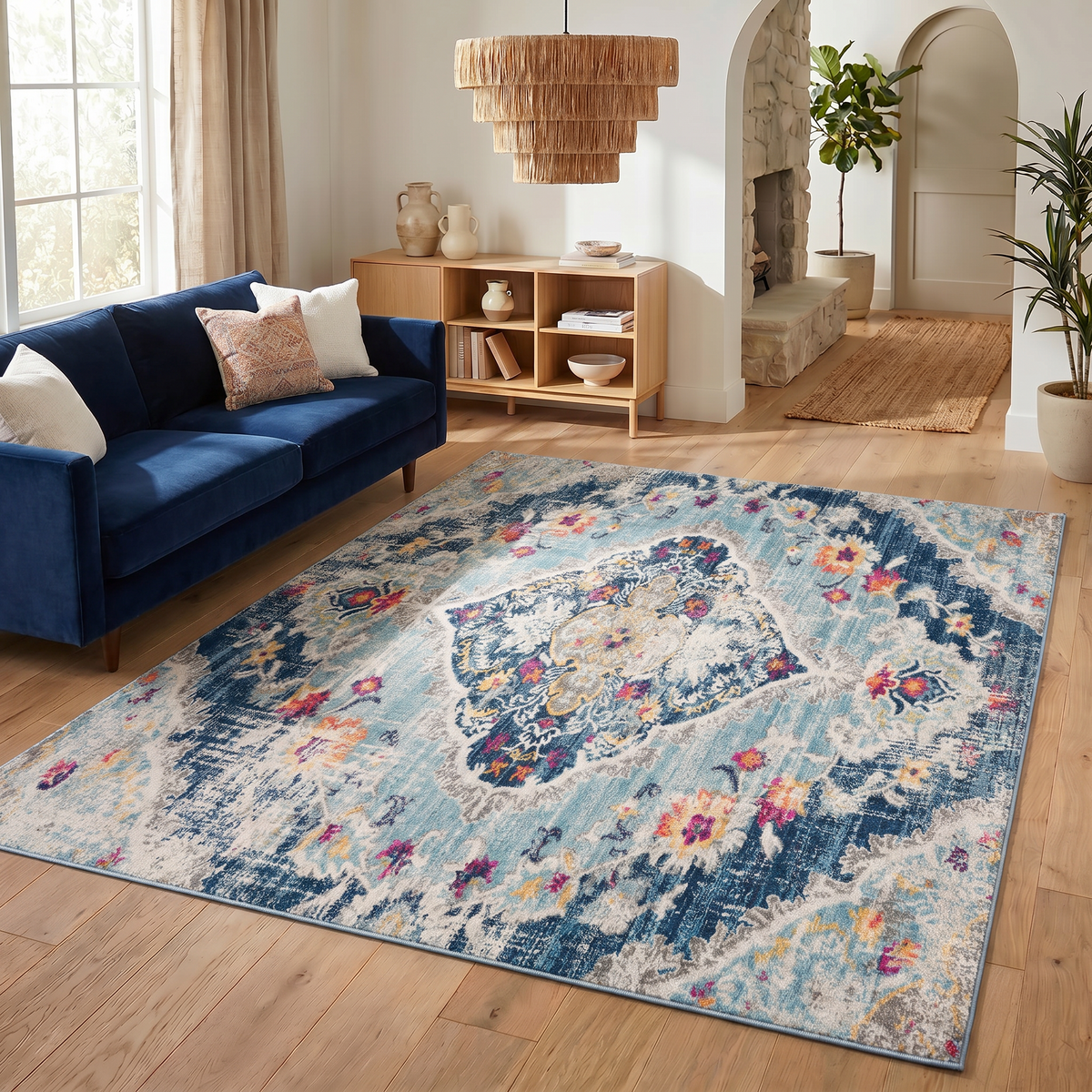 Tapis Anara floral traditionnel bleu