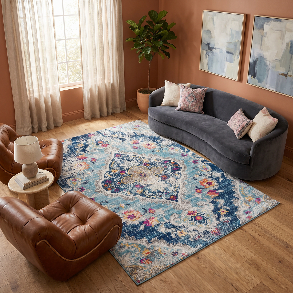 Tapis Anara floral traditionnel bleu