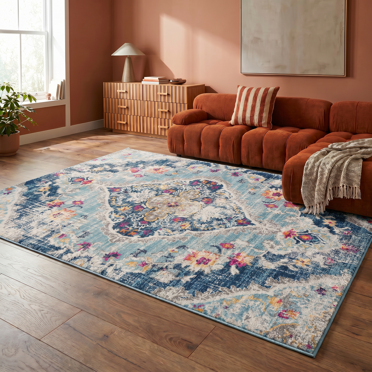 Tapis Anara floral traditionnel bleu