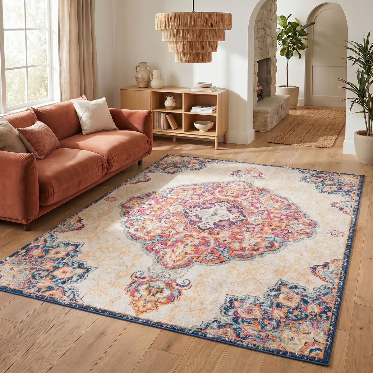 Alfombra de interior tradicional Floria con medallón floral, rosa y crema