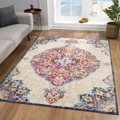 Floria Floral Medallion Traditional Pink and Cream Indoor Rug